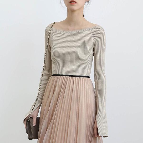 レディース トップス セーター ニット ラウンドネック 長袖 スリム 無地 カジュアル 大人可愛い フェミニン オフィス デイリー お出かけ デート ホワイト レッド ベージュ フリーサイズ 送料無料