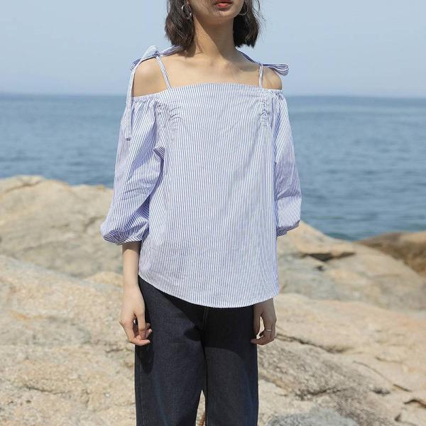 レディース トップス カットソー オフショルダー ゆったり 7分袖 パフスリーブ バルーン 無地 カジュアル 大人可愛い フェミニン オフィス デイリー お出かけ デート ブルーストライプ ホワイトストライプ イエロー ホワイト フリーサイズ 送料無料