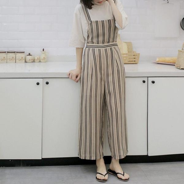 レディース ボトムス サロペット ワイドパンツ シフォン ストライプ カジュアル 大人可愛い フェミニン オフィス お出かけ デート デイリー ブラウン ブラック S M 送料無料