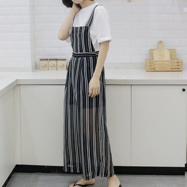 レディース ボトムス サロペット ワイドパンツ シフォン ストライプ カジュアル 大人可愛い フェミニン オフィス お出かけ デート デイリー ブラウン ブラック S M 送料無料