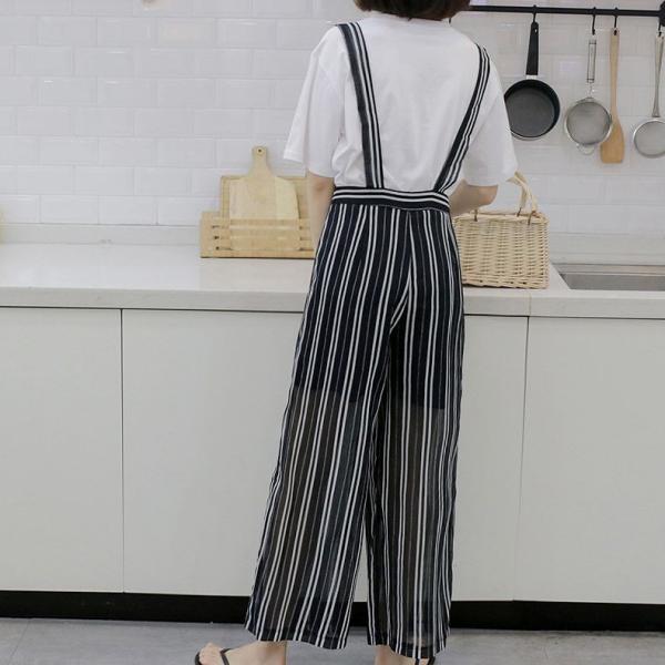 レディース ボトムス サロペット ワイドパンツ シフォン ストライプ カジュアル 大人可愛い フェミニン オフィス お出かけ デート デイリー ブラウン ブラック S M 送料無料