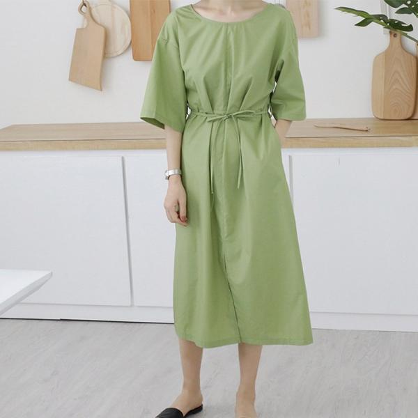 レディース 半袖 ワンピース ゆったり ロング丈 フレア ラウンドネック 無地 ウエストリボン カジュアル 大人可愛い フェミニン オフィス デイリー お出かけ デート イエロー グリーン フリーサイズ 送料無料