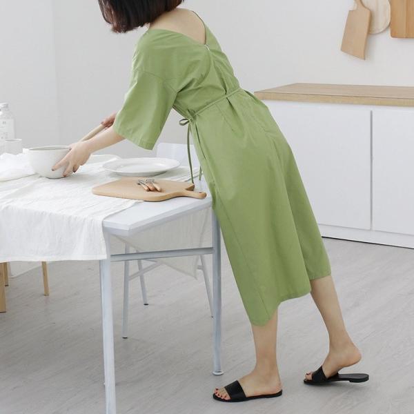 レディース 半袖 ワンピース ゆったり ロング丈 フレア ラウンドネック 無地 ウエストリボン カジュアル 大人可愛い フェミニン オフィス デイリー お出かけ デート イエロー グリーン フリーサイズ 送料無料