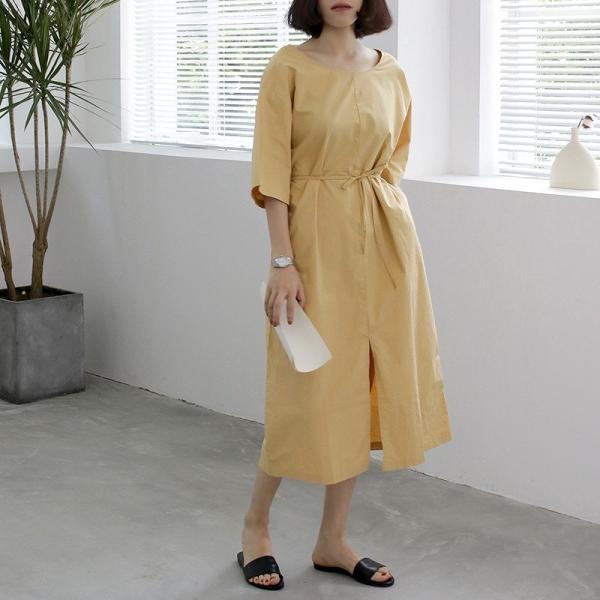レディース 半袖 ワンピース ゆったり ロング丈 フレア ラウンドネック 無地 ウエストリボン カジュアル 大人可愛い フェミニン オフィス デイリー お出かけ デート イエロー グリーン フリーサイズ 送料無料