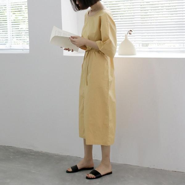 レディース 半袖 ワンピース ゆったり ロング丈 フレア ラウンドネック 無地 ウエストリボン カジュアル 大人可愛い フェミニン オフィス デイリー お出かけ デート イエロー グリーン フリーサイズ 送料無料