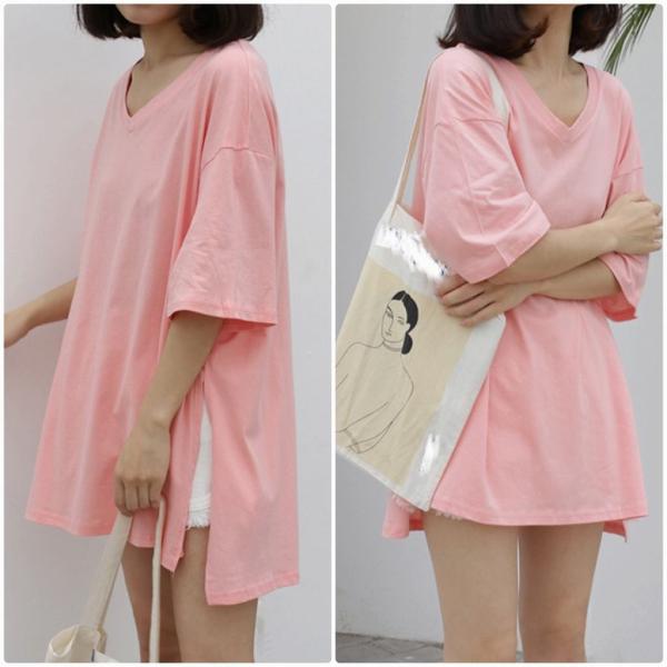 レディース Vネック Tシャツ シンプル 五分袖 無地 スリット カットソー 夏 春 トップス カジュアル キュート 大人 可愛い フェミニン おしゃれ お出かけ 普段着 デイリー ピンク ホワイト フリーサイズ 送料無料