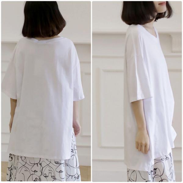 レディース Vネック Tシャツ シンプル 五分袖 無地 スリット カットソー 夏 春 トップス カジュアル キュート 大人 可愛い フェミニン おしゃれ お出かけ 普段着 デイリー ピンク ホワイト フリーサイズ 送料無料