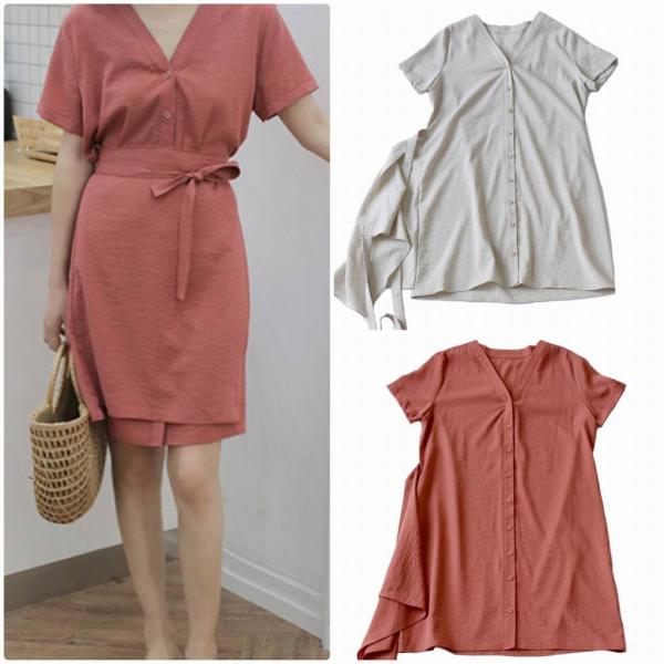 レディース ワンピース シャツワンピ Vネック ひざ上丈 半袖 腰紐 春 夏 スカート カジュアル キュート 可愛い フェミニン きれいめ 上品 エレガント おしゃれ お出かけ お呼ばれ レッド ベージュ フリーサイズ ワンサイズ 送料無料