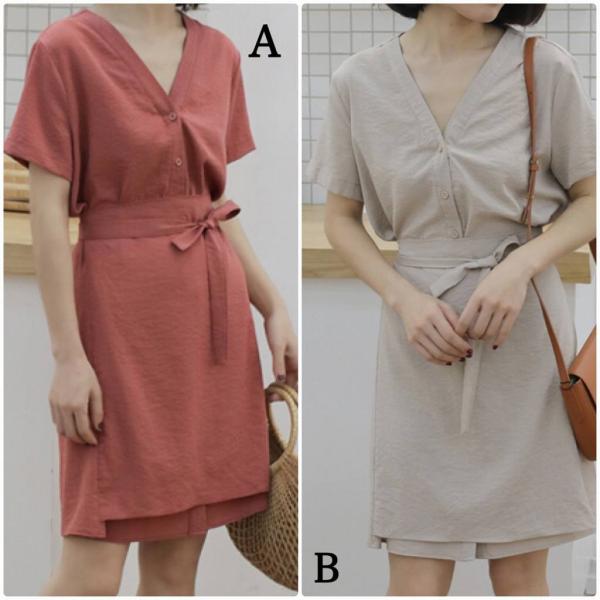 レディース ワンピース シャツワンピ Vネック ひざ上丈 半袖 腰紐 春 夏 スカート カジュアル キュート 可愛い フェミニン きれいめ 上品 エレガント おしゃれ お出かけ お呼ばれ レッド ベージュ フリーサイズ ワンサイズ 送料無料