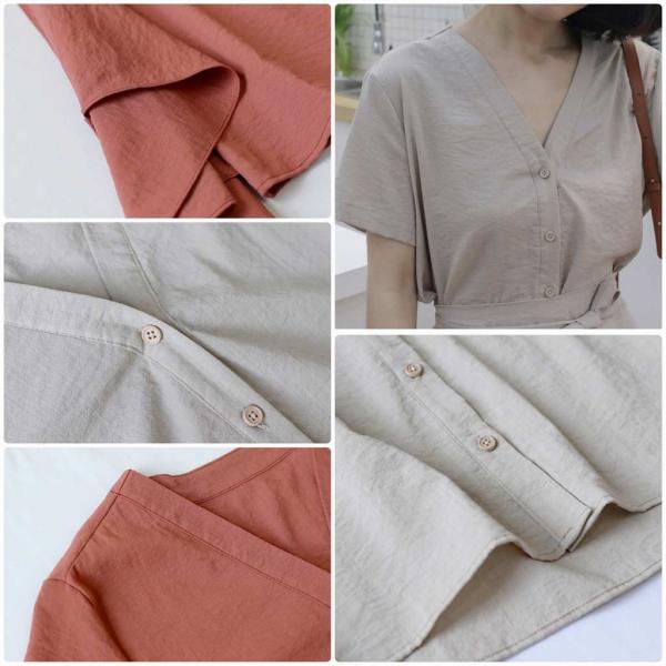 レディース ワンピース シャツワンピ Vネック ひざ上丈 半袖 腰紐 春 夏 スカート カジュアル キュート 可愛い フェミニン きれいめ 上品 エレガント おしゃれ お出かけ お呼ばれ レッド ベージュ フリーサイズ ワンサイズ 送料無料