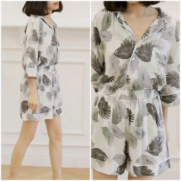レディース パジャマ 上下セット ナイトウェア ハイウエスト プリント ボタニカル柄 短パン ショートパンツ カジュアル フェミニン 大人 可愛い リラックス ルームウェア グレー フリーサイズ ワンサイズ 送料無料