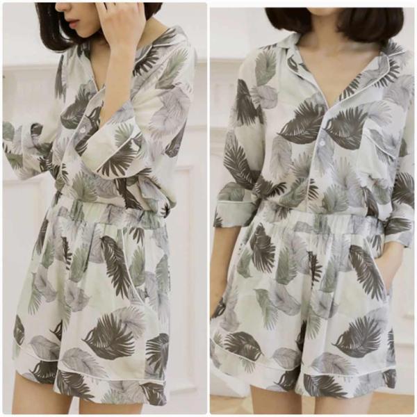 レディース パジャマ 上下セット ナイトウェア ハイウエスト プリント ボタニカル柄 短パン ショートパンツ カジュアル フェミニン 大人 可愛い リラックス ルームウェア グレー フリーサイズ ワンサイズ 送料無料