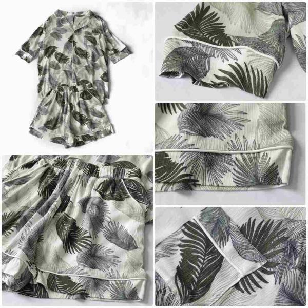 レディース パジャマ 上下セット ナイトウェア ハイウエスト プリント ボタニカル柄 短パン ショートパンツ カジュアル フェミニン 大人 可愛い リラックス ルームウェア グレー フリーサイズ ワンサイズ 送料無料