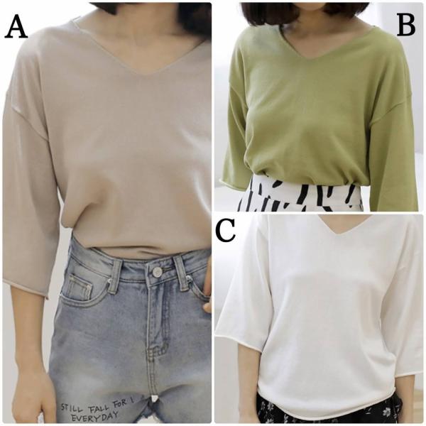 レディース カットソー Vネック ニット セーター 七分袖 トップス カジュアル キュート 大人 可愛い フェミニン おしゃれ お出かけ オフィス デイリー 普段着 グリーン ベージュ ホワイト フリーサイズ ワンサイズ 送料無料