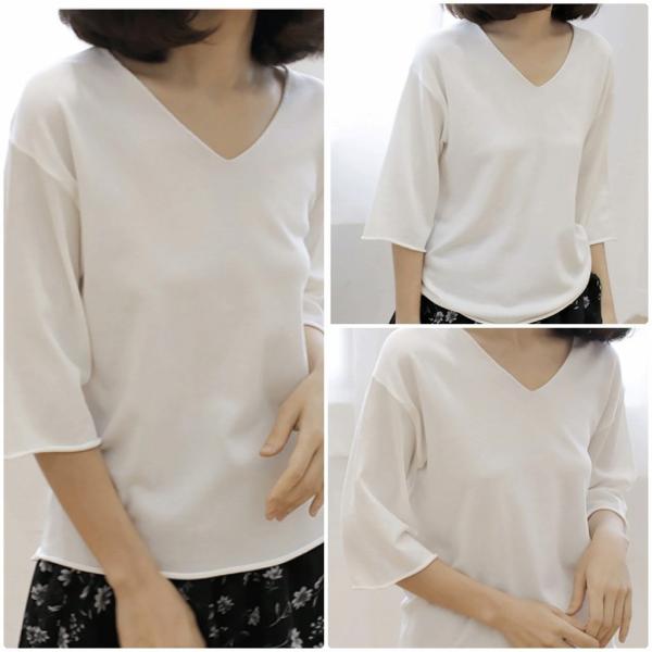 レディース カットソー Vネック ニット セーター 七分袖 トップス カジュアル キュート 大人 可愛い フェミニン おしゃれ お出かけ オフィス デイリー 普段着 グリーン ベージュ ホワイト フリーサイズ ワンサイズ 送料無料