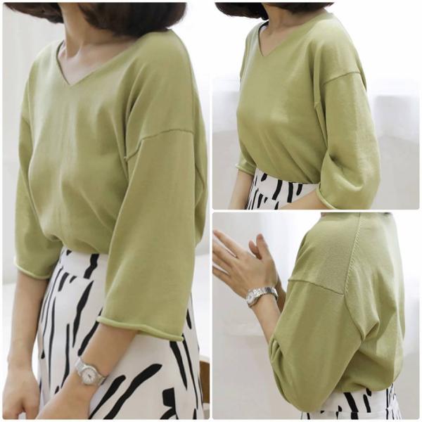 レディース カットソー Vネック ニット セーター 七分袖 トップス カジュアル キュート 大人 可愛い フェミニン おしゃれ お出かけ オフィス デイリー 普段着 グリーン ベージュ ホワイト フリーサイズ ワンサイズ 送料無料