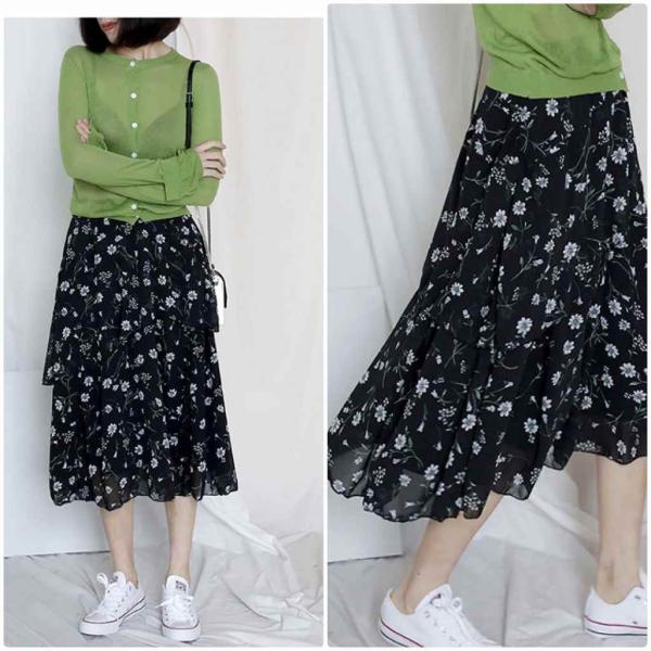 レディース スカート ハイウエスト ミモレ丈 花柄 ボタニカル柄 フレア ボトムス カジュアル キュート 大人 可愛い フェミニン きれいめ おしゃれ お出かけ デイリー 二次会 お呼ばれ ブラック フリーサイズ ワンサイズ 送料無料