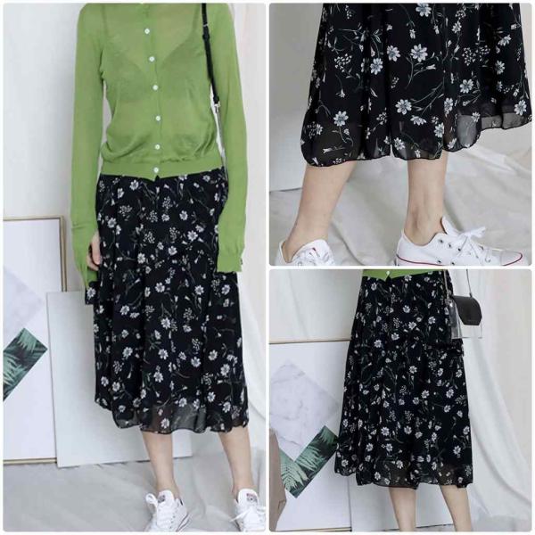 レディース スカート ハイウエスト ミモレ丈 花柄 ボタニカル柄 フレア ボトムス カジュアル キュート 大人 可愛い フェミニン きれいめ おしゃれ お出かけ デイリー 二次会 お呼ばれ ブラック フリーサイズ ワンサイズ 送料無料