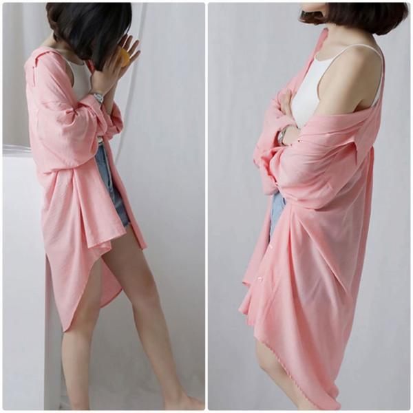 レディース ブラウス ロング丈 シャツ 無地 シンプル 長袖 春 夏 トップス カジュアル キュート 可愛い フェミニン きれいめ 上品 エレガント おしゃれ お出かけ オフィス デート デイリー ピンク ブルー フリーサイズ ワンサイズ 送料無料