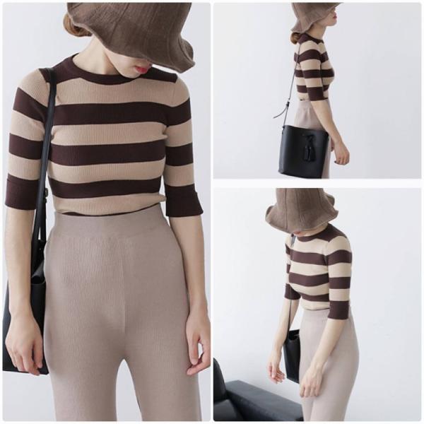 レディース カットソー スリム ボーダー タイト ニット セーター 五分袖 トップス カジュアル キュート 大人 可愛い フェミニン おしゃれ お出かけ オフィス デイリー 普段着 ブラウン フリーサイズ ワンサイズ 送料無料