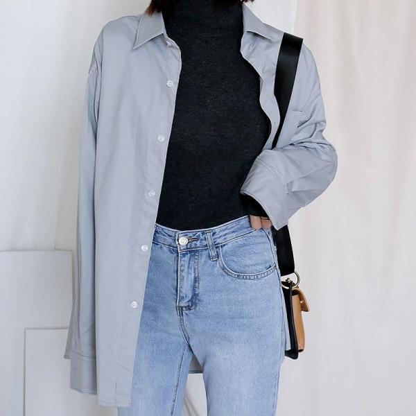 レディース トップス ロング シャツ ブラウス 長袖 無地 カジュアル 大人可愛い エレガント フェミニン オフィス お出かけ デート デイリー カーキ ブルー フリーサイズ 送料無料