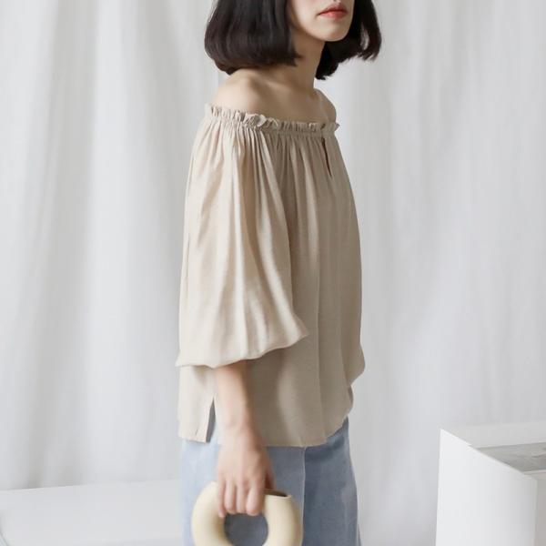 レディース トップス オフショルダー カットソー パフスリーブ 5分袖 無地 カジュアル 大人可愛い エレガント フェミニン オフィス お出かけ デート デイリー ベージュ フリーサイズ 送料無料