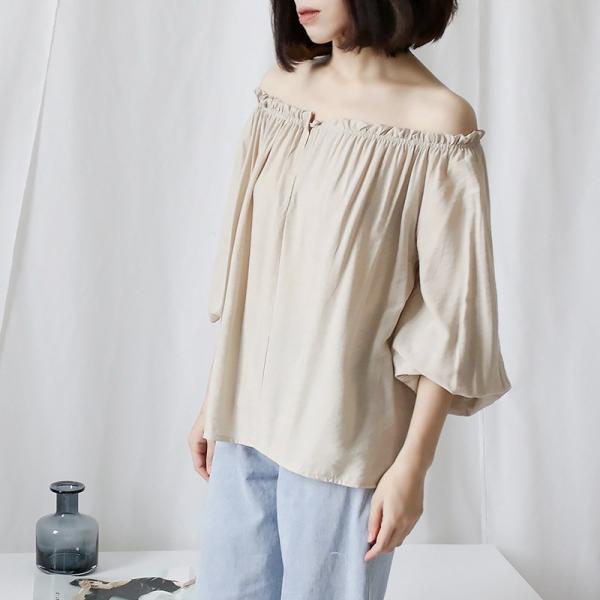 レディース トップス オフショルダー カットソー パフスリーブ 5分袖 無地 カジュアル 大人可愛い エレガント フェミニン オフィス お出かけ デート デイリー ベージュ フリーサイズ 送料無料