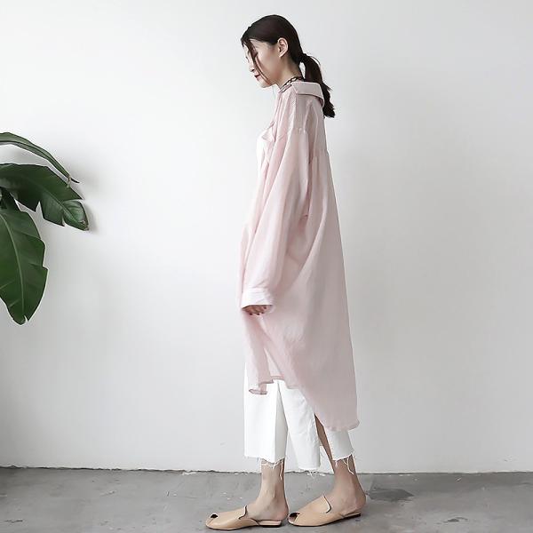 レディース アウター ストライプ ロング コート シャツ 薄手 長袖 カジュアル 大人可愛い フェミニン オフィス お出かけ デート デイリー ホワイト ピンク M L 送料無料