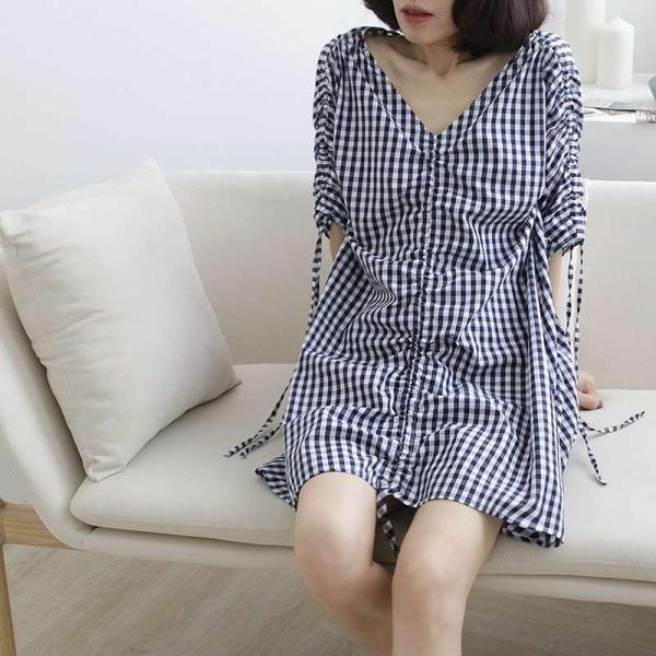 レディース ワンピース ミニワンピ チェック くしゅくしゅ Vネック 5分袖 ゆったり カジュアル 大人可愛い フェミニン オフィス お出かけ デート デイリー ブラック フリーサイズ 送料無料