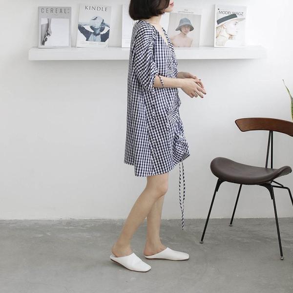 レディース ワンピース ミニワンピ チェック くしゅくしゅ Vネック 5分袖 ゆったり カジュアル 大人可愛い フェミニン オフィス お出かけ デート デイリー ブラック フリーサイズ 送料無料