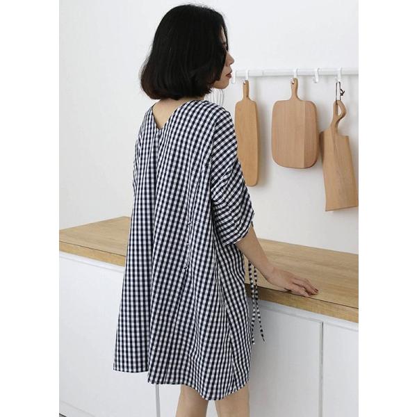 レディース ワンピース ミニワンピ チェック くしゅくしゅ Vネック 5分袖 ゆったり カジュアル 大人可愛い フェミニン オフィス お出かけ デート デイリー ブラック フリーサイズ 送料無料