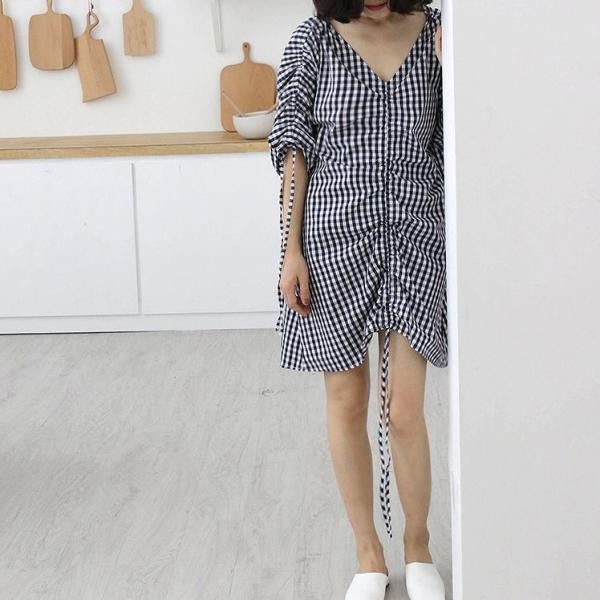レディース ワンピース ミニワンピ チェック くしゅくしゅ Vネック 5分袖 ゆったり カジュアル 大人可愛い フェミニン オフィス お出かけ デート デイリー ブラック フリーサイズ 送料無料