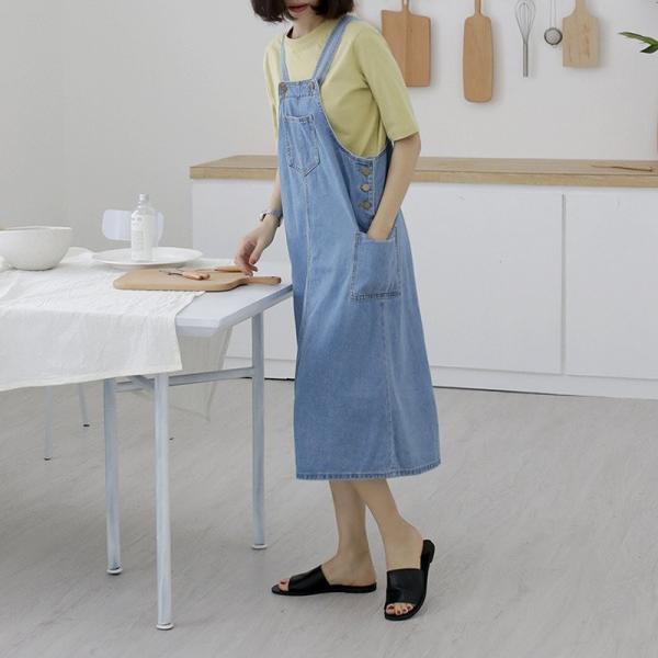 レディース デニム ワンピース ジャンスカ 無地 ポケット ノースリーブ ゆったり カジュアル 大人可愛い フェミニン お出かけ デート デイリー ブルー フリーサイズ 送料無料
