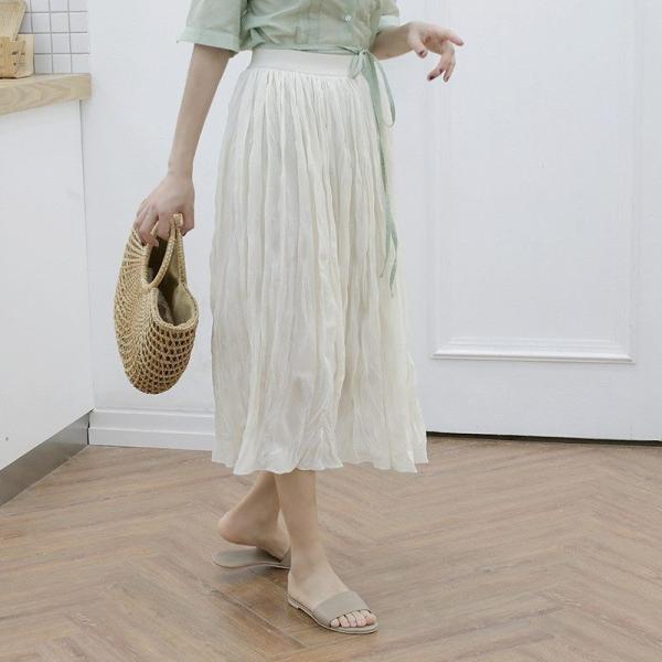 レディース ボトムス プリーツ スカート ロング丈 くしゅくしゅ 無地 シンプル カジュアル 大人可愛い フェミニン オフィス お出かけ デート デイリー ベージュ パープル フリーサイズ 送料無料