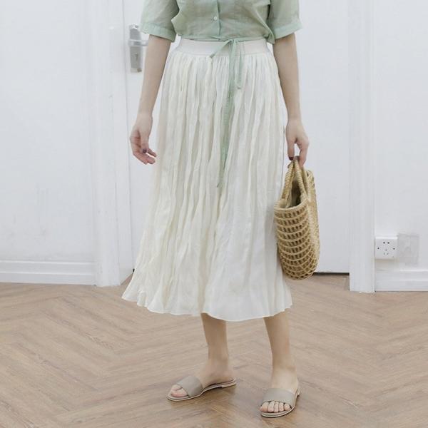 レディース ボトムス プリーツ スカート ロング丈 くしゅくしゅ 無地 シンプル カジュアル 大人可愛い フェミニン オフィス お出かけ デート デイリー ベージュ パープル フリーサイズ 送料無料