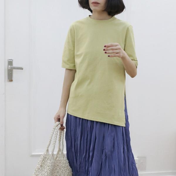 レディース Tシャツ シンプル 五分袖 無地 スリット クルーネック カットソー 夏 春 トップス カジュアル キュート 大人 可愛い フェミニン おしゃれ お出かけ 普段着 デイリー グリーン ブルー フリーサイズ ワンサイズ 送料無料