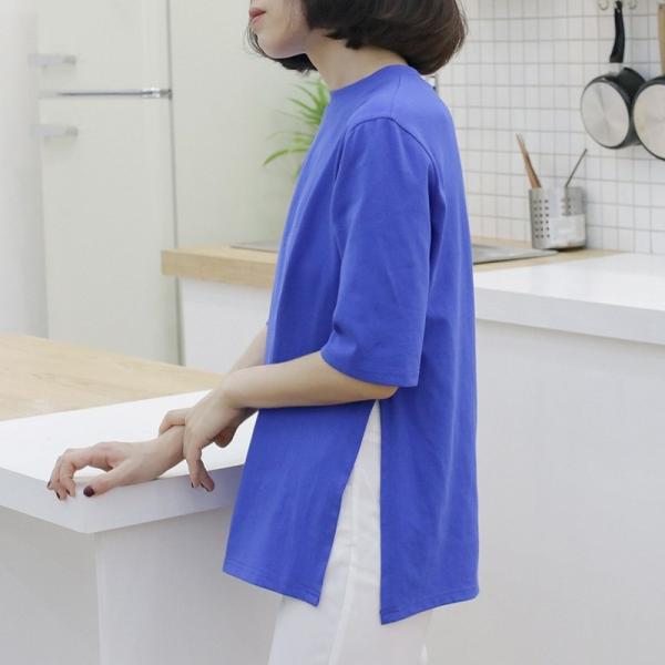 レディース Tシャツ シンプル 五分袖 無地 スリット クルーネック カットソー 夏 春 トップス カジュアル キュート 大人 可愛い フェミニン おしゃれ お出かけ 普段着 デイリー グリーン ブルー フリーサイズ ワンサイズ 送料無料