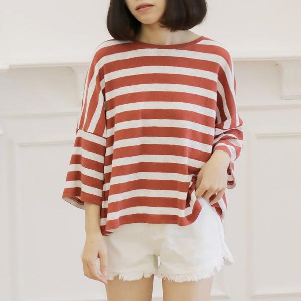 レディース Tシャツ ボーダー 七分袖 クルーネック ゆったり オーバーサイズ 夏 春 トップス カジュアル キュート 大人 可愛い フェミニン おしゃれ お出かけ 普段着 デイリー レッド ブルー フリーサイズ ワンサイズ 送料無料