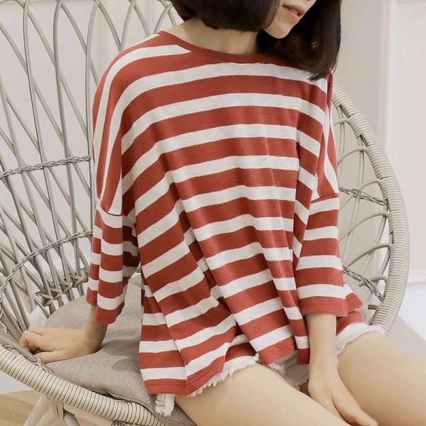 レディース Tシャツ ボーダー 七分袖 クルーネック ゆったり オーバーサイズ 夏 春 トップス カジュアル キュート 大人 可愛い フェミニン おしゃれ お出かけ 普段着 デイリー レッド ブルー フリーサイズ ワンサイズ 送料無料