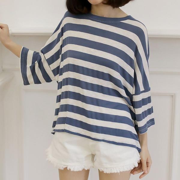 レディース Tシャツ ボーダー 七分袖 クルーネック ゆったり オーバーサイズ 夏 春 トップス カジュアル キュート 大人 可愛い フェミニン おしゃれ お出かけ 普段着 デイリー レッド ブルー フリーサイズ ワンサイズ 送料無料