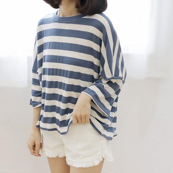 レディース Tシャツ ボーダー 七分袖 クルーネック ゆったり オーバーサイズ 夏 春 トップス カジュアル キュート 大人 可愛い フェミニン おしゃれ お出かけ 普段着 デイリー レッド ブルー フリーサイズ ワンサイズ 送料無料