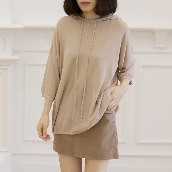 レディース フード付き カットソー 七分袖 シンプル 無地 ニット セーター トップス カジュアル キュート 大人 可愛い フェミニン おしゃれ お出かけ オフィス デイリー 普段着 カーキ ブルー フリーサイズ ワンサイズ 送料無料