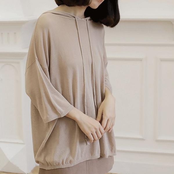 レディース フード付き カットソー 七分袖 シンプル 無地 ニット セーター トップス カジュアル キュート 大人 可愛い フェミニン おしゃれ お出かけ オフィス デイリー 普段着 カーキ ブルー フリーサイズ ワンサイズ 送料無料