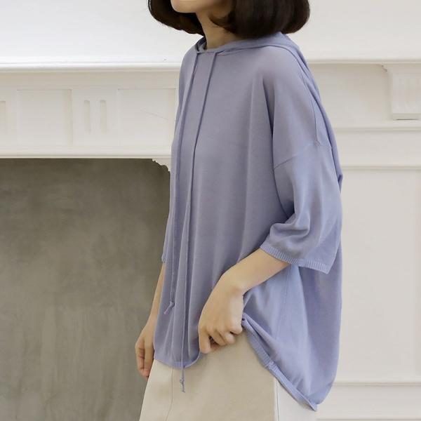 レディース フード付き カットソー 七分袖 シンプル 無地 ニット セーター トップス カジュアル キュート 大人 可愛い フェミニン おしゃれ お出かけ オフィス デイリー 普段着 カーキ ブルー フリーサイズ ワンサイズ 送料無料
