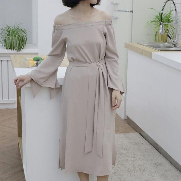 レディース 肩出し 肩見せ オフショルダー ワンピース フレアスリーブ ミモレ丈 春 夏 スカート カジュアル キュート 可愛い フェミニン きれいめ 上品 エレガント おしゃれ お出かけ お呼ばれ ベージュ フリーサイズ ワンサイズ 送料無料