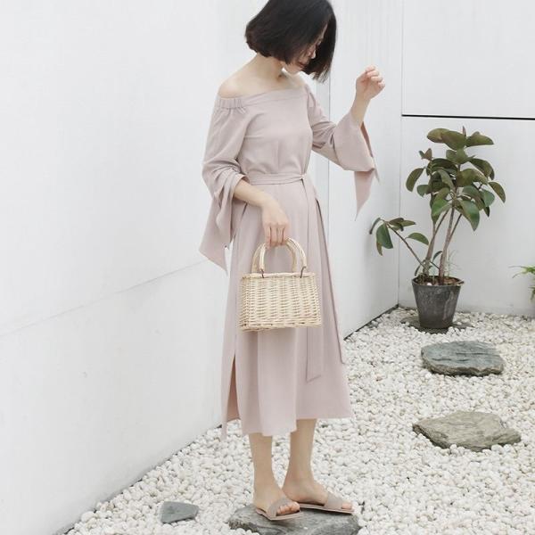 レディース 肩出し 肩見せ オフショルダー ワンピース フレアスリーブ ミモレ丈 春 夏 スカート カジュアル キュート 可愛い フェミニン きれいめ 上品 エレガント おしゃれ お出かけ お呼ばれ ベージュ フリーサイズ ワンサイズ 送料無料