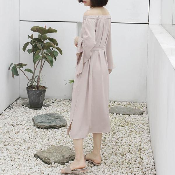 レディース 肩出し 肩見せ オフショルダー ワンピース フレアスリーブ ミモレ丈 春 夏 スカート カジュアル キュート 可愛い フェミニン きれいめ 上品 エレガント おしゃれ お出かけ お呼ばれ ベージュ フリーサイズ ワンサイズ 送料無料