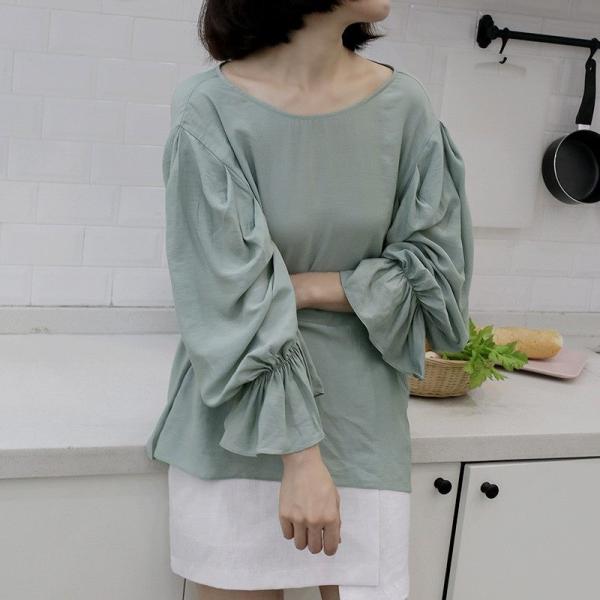 レディース ブラウス シャツ キャンディスリーブ ラウンドネック 無地 シンプル 春 夏 トップス カジュアル キュート 可愛い フェミニン きれいめ 上品 エレガント おしゃれ お出かけ オフィス デート デイリー グリーン ホワイト 送料無料