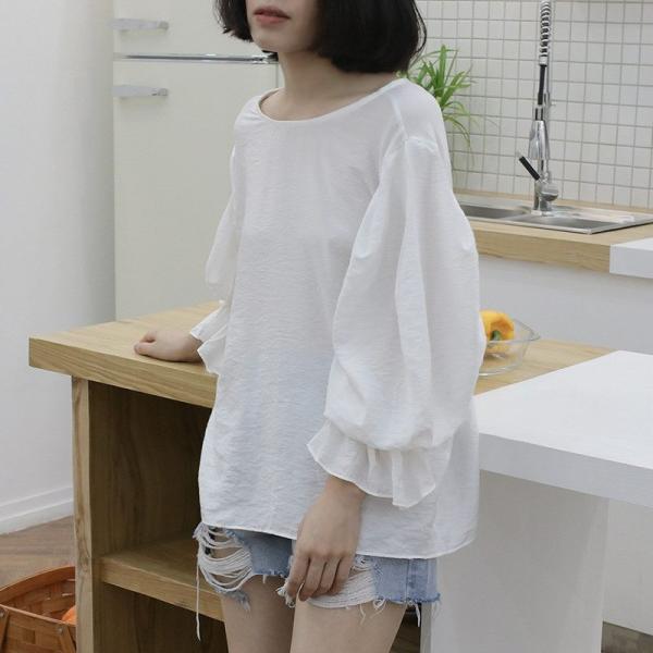 レディース ブラウス シャツ キャンディスリーブ ラウンドネック 無地 シンプル 春 夏 トップス カジュアル キュート 可愛い フェミニン きれいめ 上品 エレガント おしゃれ お出かけ オフィス デート デイリー グリーン ホワイト 送料無料