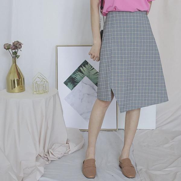 レディース スカート ハイウエスト ミディ丈 チェック柄 アシンメトリー スリット ボトムス カジュアル キュート 大人 可愛い フェミニン きれいめ おしゃれ お出かけ デイリー 二次会 お呼ばれ グレー フリーサイズ ワンサイズ 送料無料